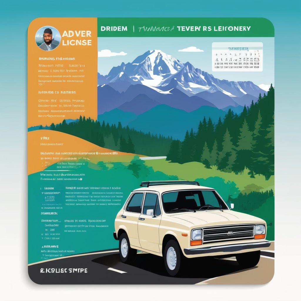 A detailed infographic showcasing the steps to obtain and renew a driver's license in Washington DMV. Include bright icons representing paperwork, a car, and a calendar. Add a scenic background featuring the Washington state landscape, including mountains and greenery, to emphasize the location. Use a clean layout with easy-to-read fonts and vibrant colors to attract attention. vector art. vibrant colors.