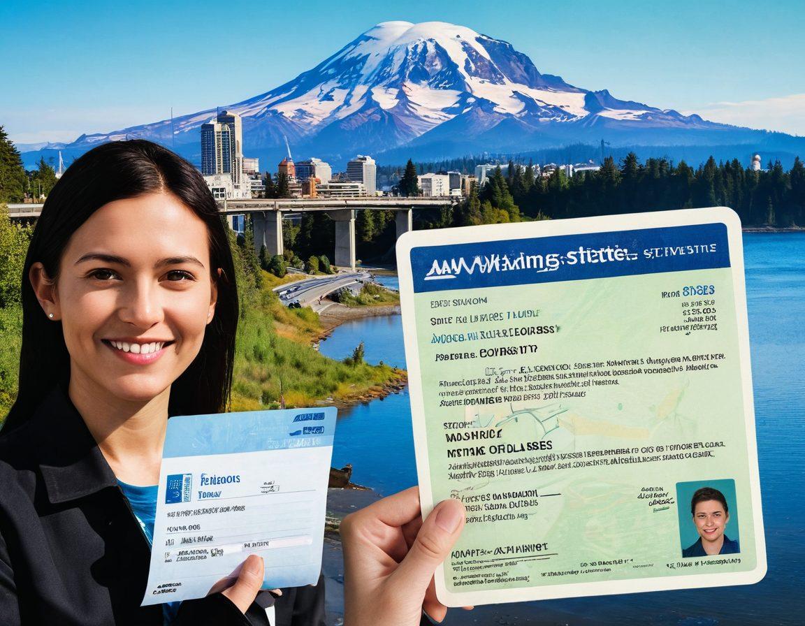 A split image showcasing a Washington State driver's license on one side, and a person standing in front of a DMV with a folder of documents on the other side. Include the iconic Washington State skyline in the background with Mount Rainier. Add a checklist to symbolize the steps needed for obtaining or renewing a license. Bright colors and informative graphics to enhance understanding. super-realistic. vibrant colors. dynamic composition.