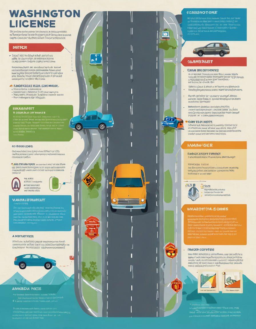 A detailed infographic illustrating the process of obtaining a Washington driver's license, featuring icons for eligibility criteria, road safety tips, and a step-by-step flowchart. Incorporate elements like a car, a road sign, and a state map to represent Washington. Use bright colors to make it visually engaging and ensure clarity in the information presented. vector art. vibrant colors. white background.